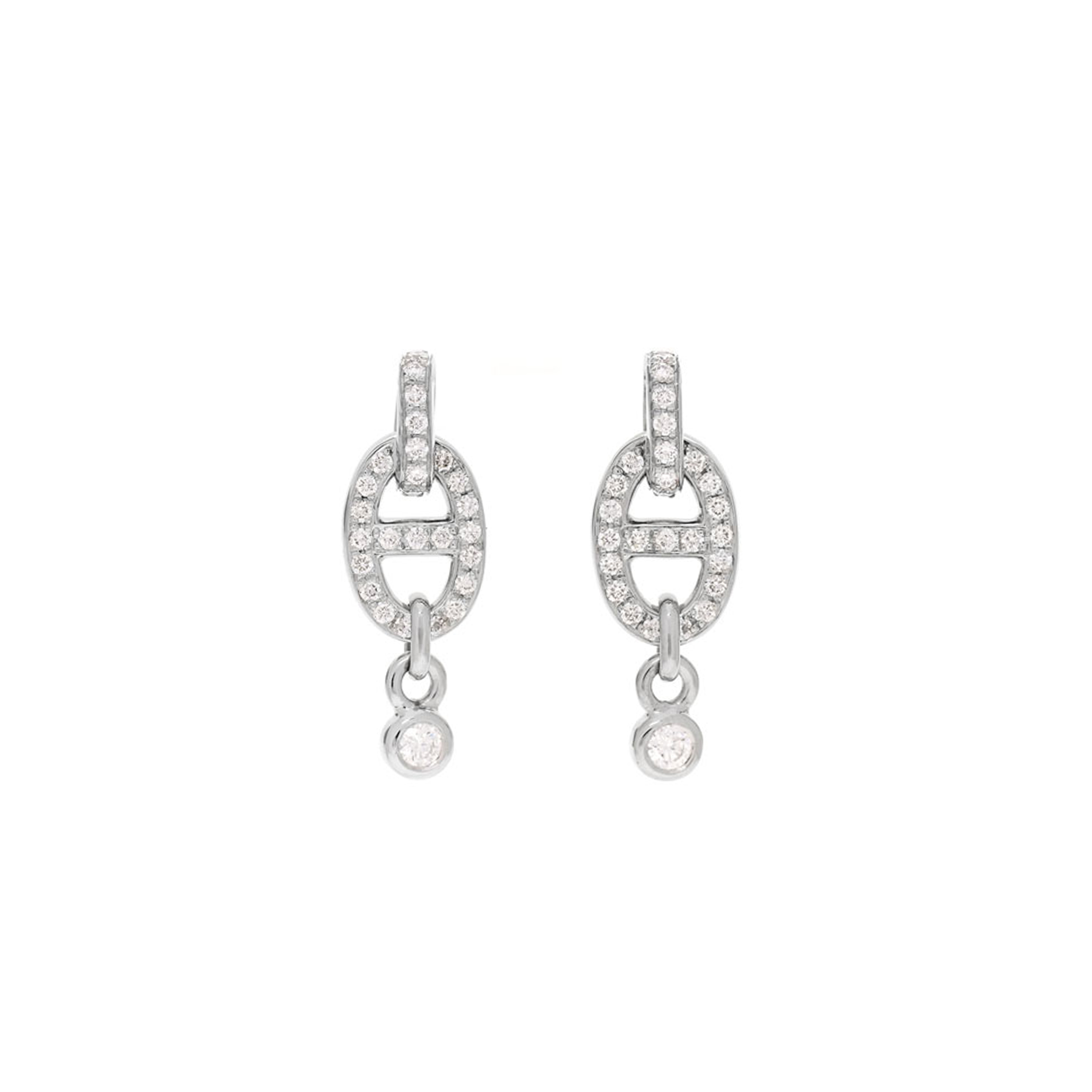 HERMÈS 18K WHITE GOLD DIAMOND PM CHAINE D'ANCRE ENCHAINEE EARRINGS